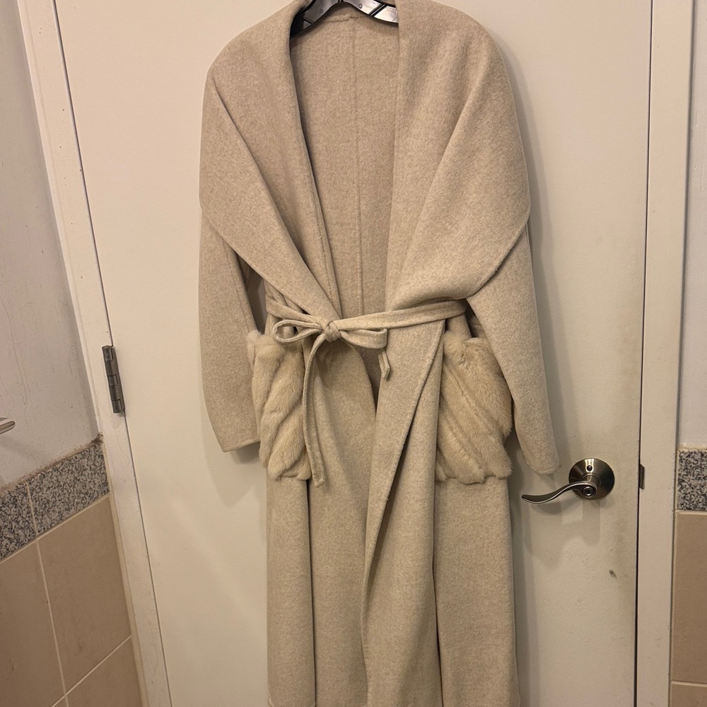 Elegant Cream Beige Handmade Wool Belted Coat